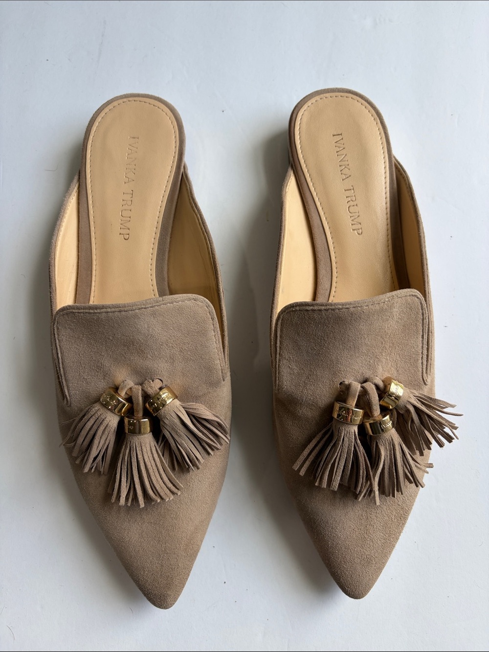 Beige Suede Tasseled Pointed Toe Loafer Mules